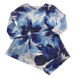 Jess & Jane Top Blue Floral Graphic Printed Asymmetrical Shirt 3/4 Sleeve Small